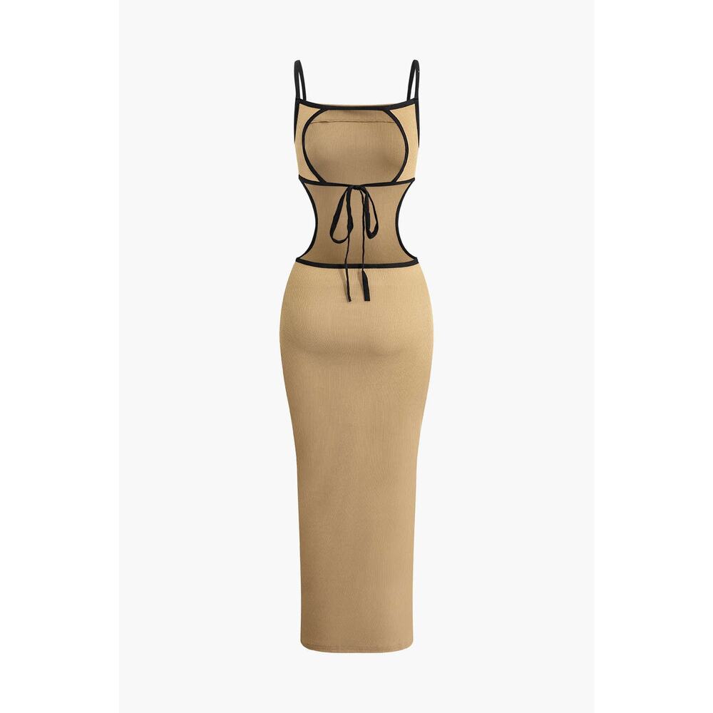 Micas Casual Contrast Cut Out Backless Slip Maxi Dress Tan Large Stretch - Picture 4 of 6